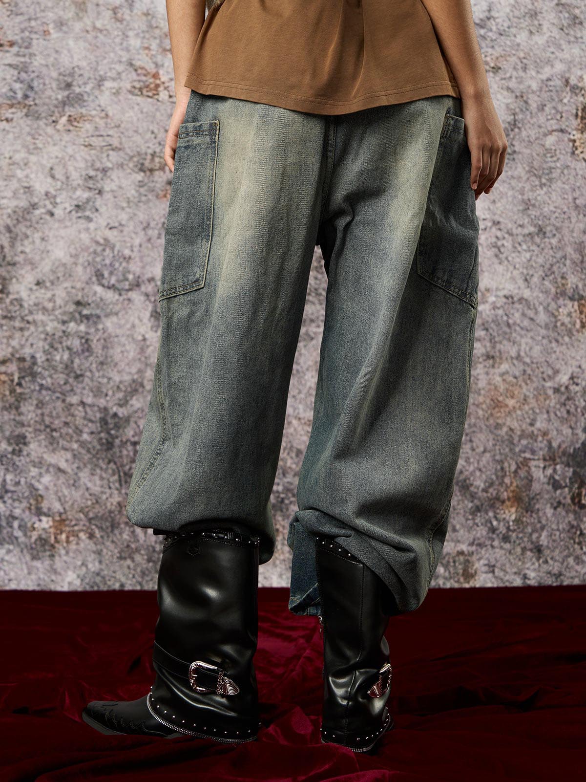 Washed Distressed Split Drawstring Barrel Jeans 