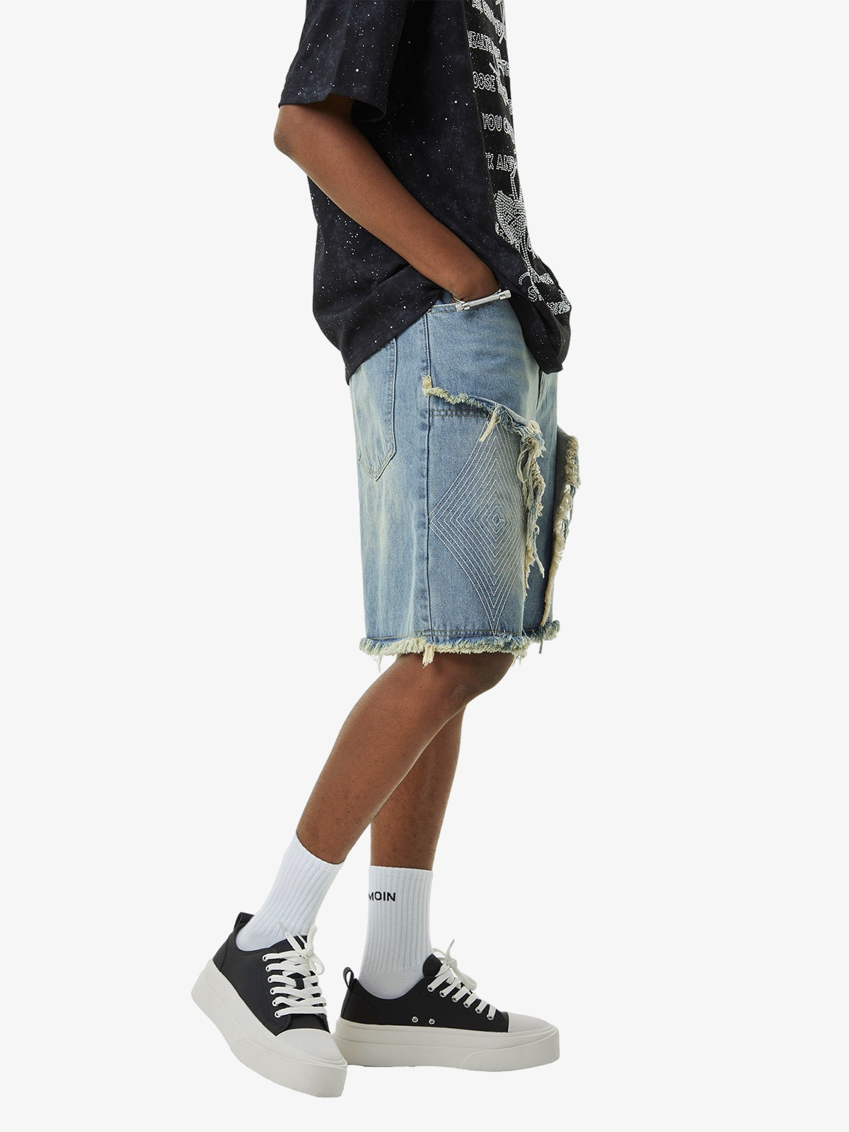 Thesupermade Retro Stitching Diamonds Embroidery Shorts 