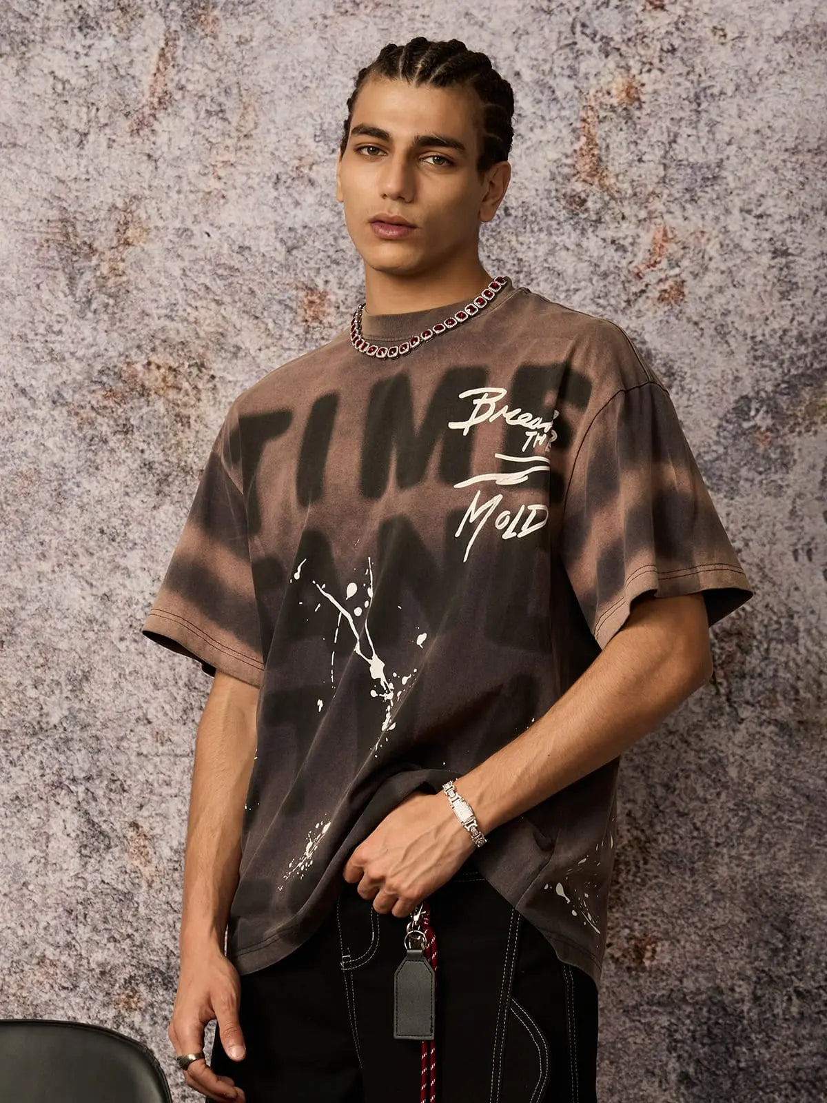 Ink Splash Letter Print T-Shirt - 2414 