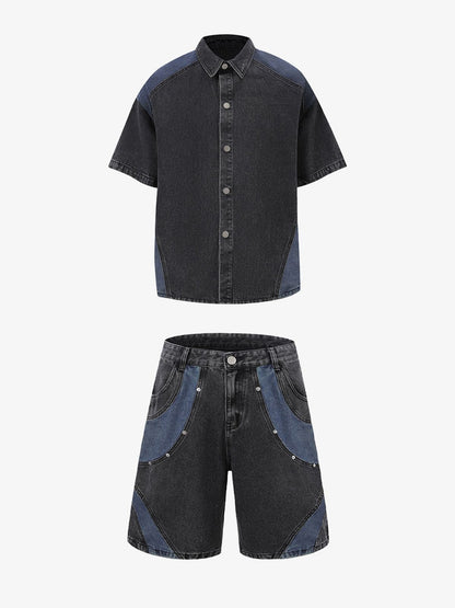 Deconstructed Patchwork Short-Sleeve Cropped Denim Set 