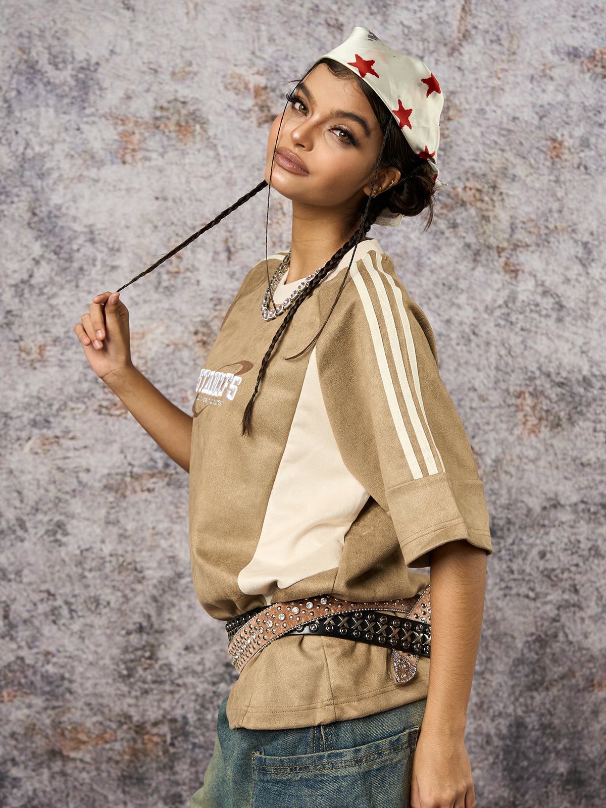 Suede Contrast Color Spliced Letter Embroidery Oversize T-shirt 