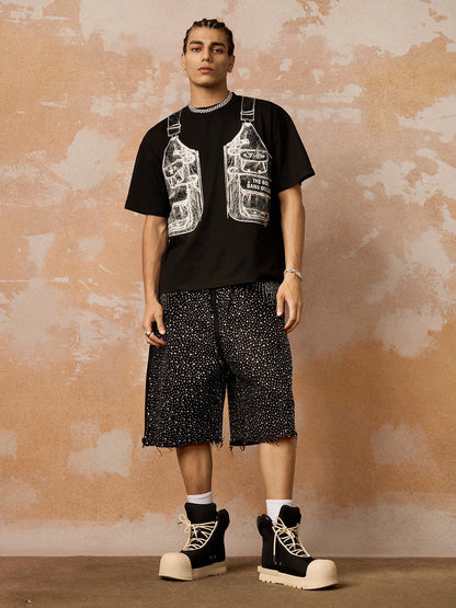 Retro Washed Rhinestone Raw Edge Denim Shorts - 2419 