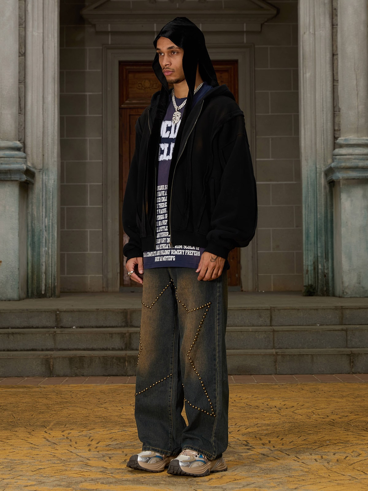 Thesupermade Distressed Patchwork Velvet Cardigan Hooded Sweatshirt 