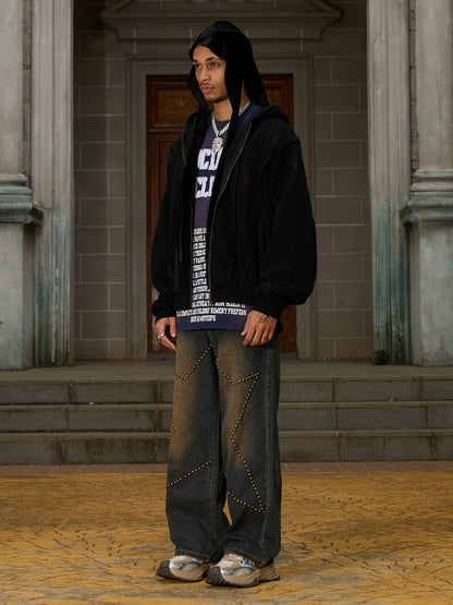 Thesupermade Distressed Patchwork Velvet Cardigan Hooded Sweatshirt 
