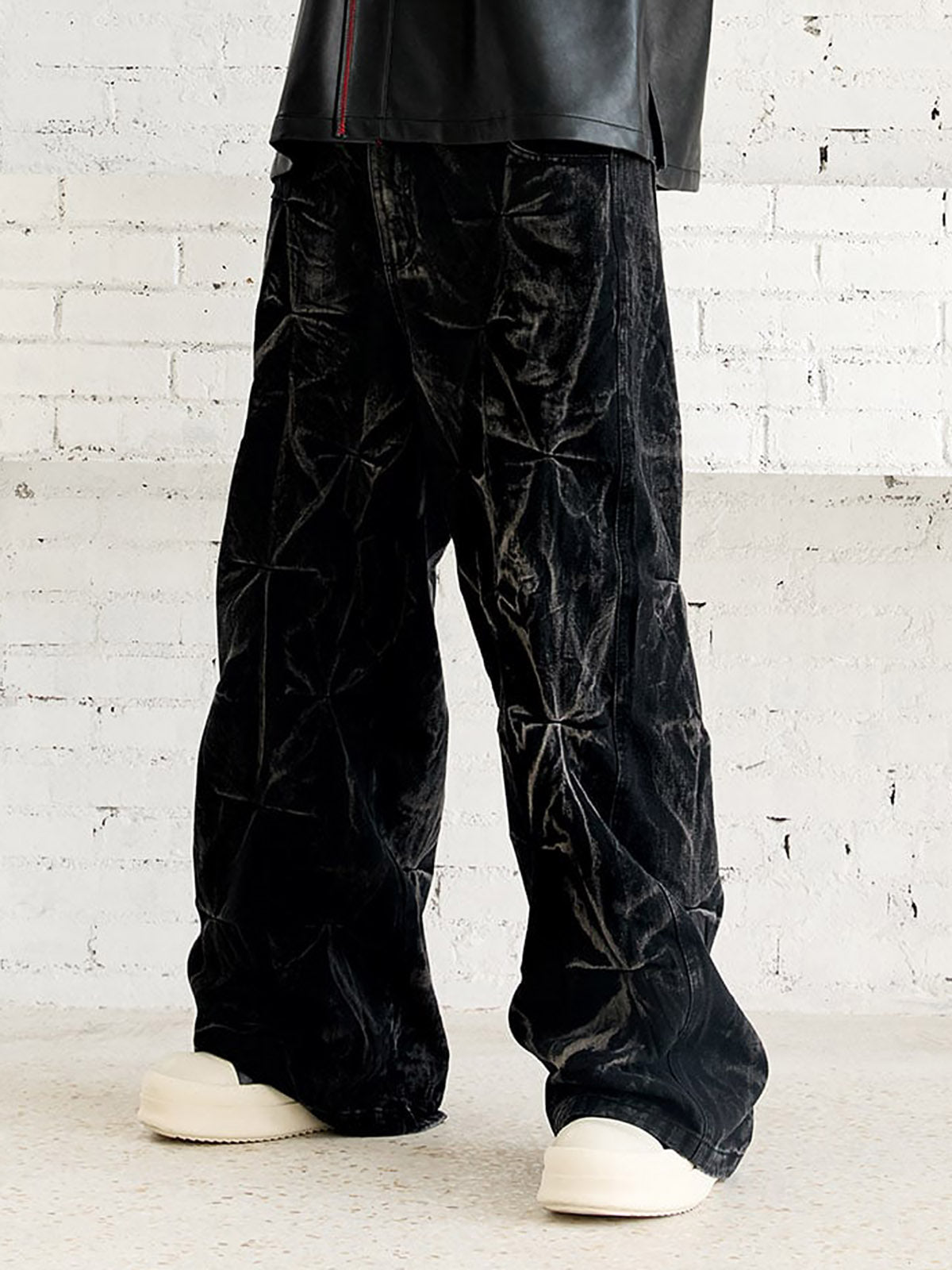Denim Heavy Washed Distressed Pleated Baggy Jeans - 2282 
