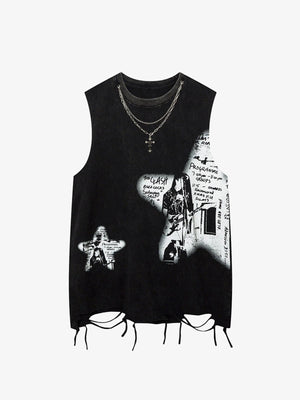 Thesupermade Vintage Necklace Star Print Hip-hop Tank Top - 2070 