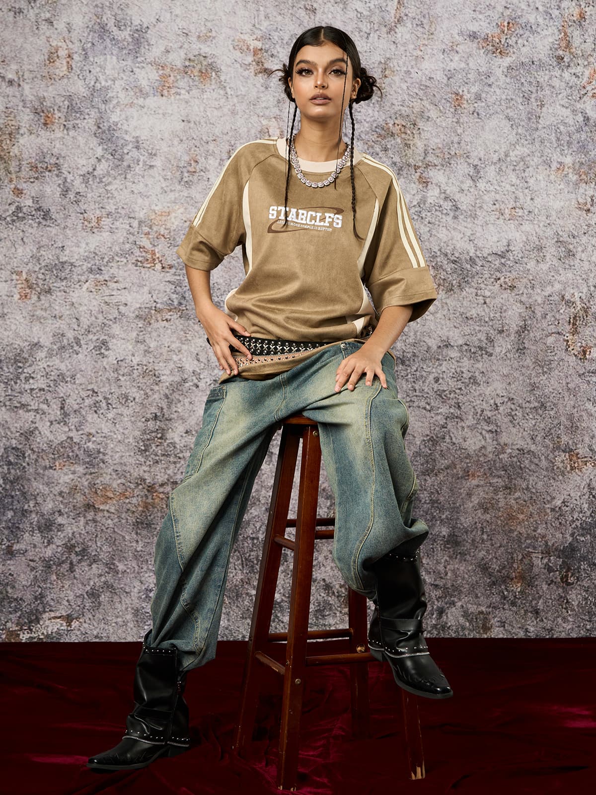 Suede Contrast Color Spliced Letter Embroidery Oversize T-shirt 