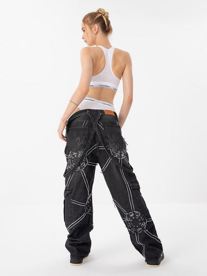 Thesupermade High Street Hip-Hop Spider Web Denim Pants-1512 