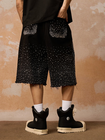 Retro Washed Rhinestone Raw Edge Denim Shorts - 2419 