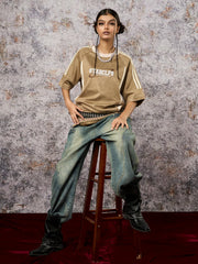 Suede Contrast Color Spliced Letter Embroidery Oversize T-shirt 