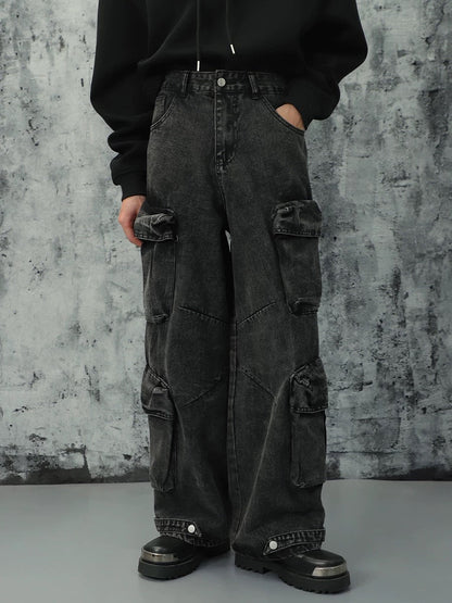 Thesupermade Washed Multi-pocket Cargo Jeans 