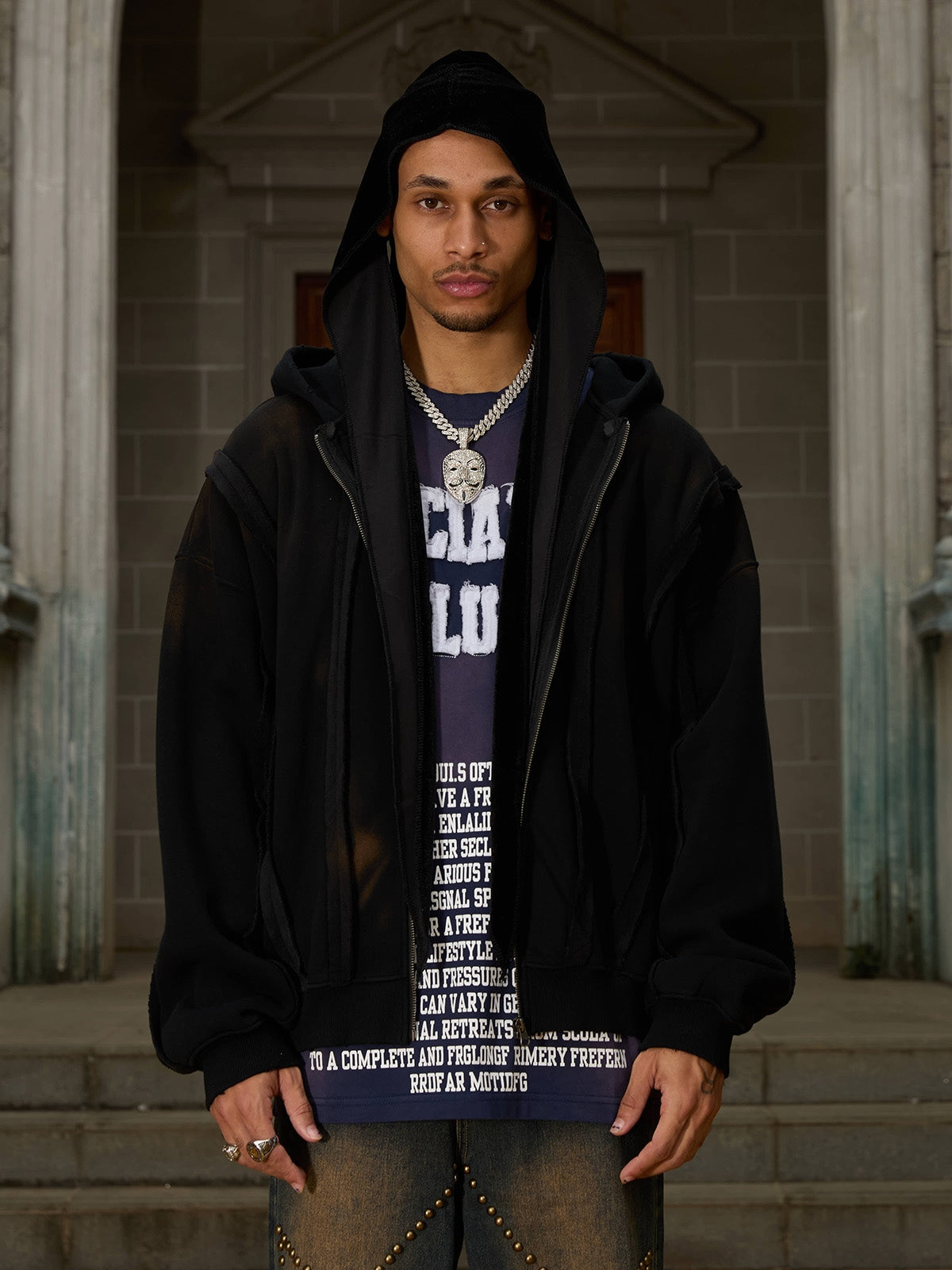 Thesupermade Distressed Patchwork Velvet Cardigan Hooded Sweatshirt 