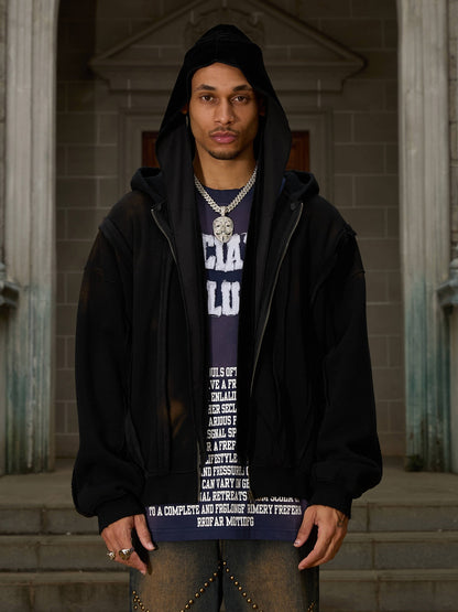 Thesupermade Distressed Patchwork Velvet Cardigan Hooded Sweatshirt 