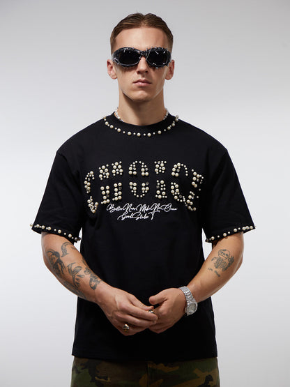 Elegant Pearl-Embellished Oversized T-Shirt 