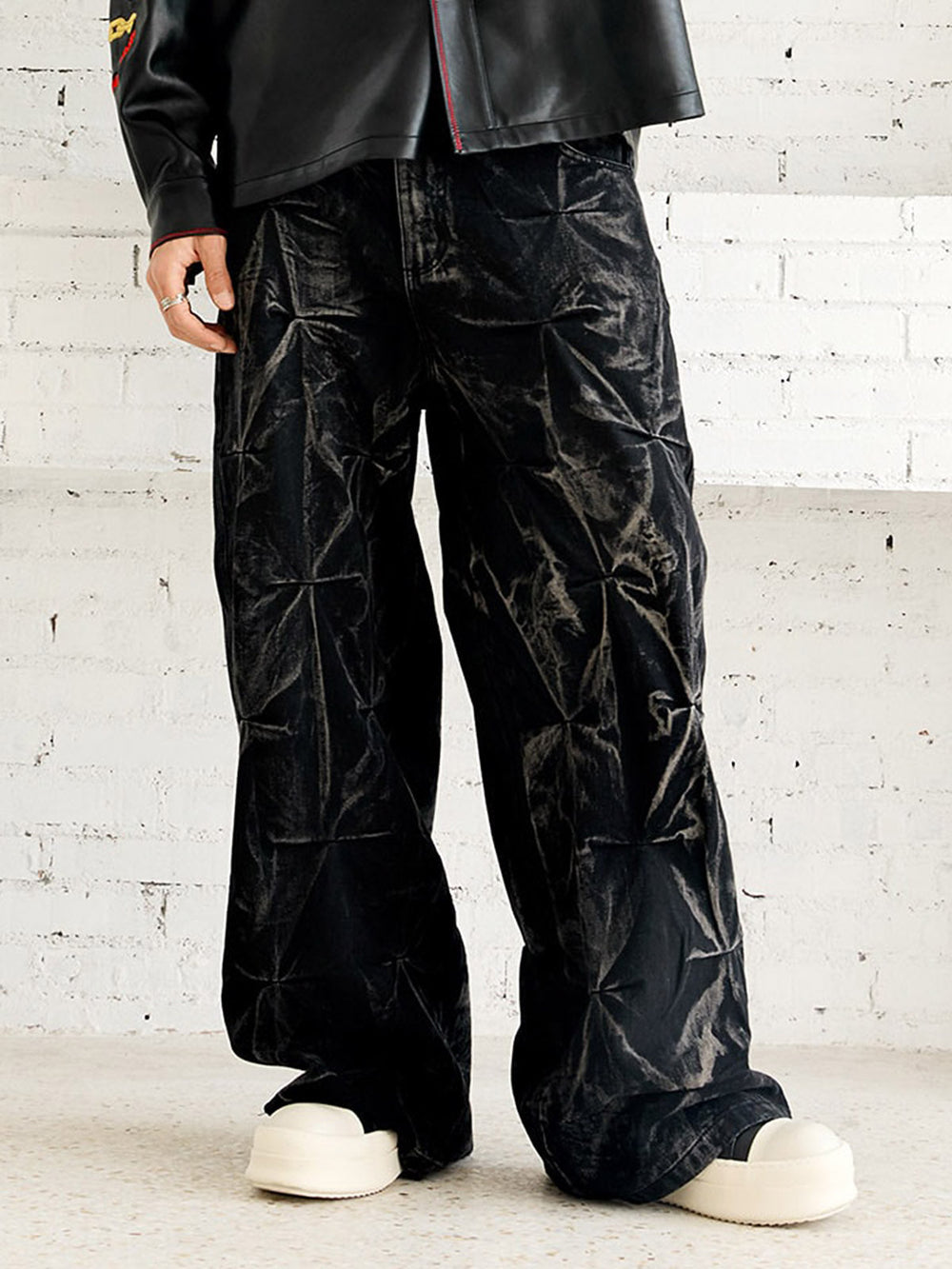 Denim Heavy Washed Distressed Pleated Baggy Jeans - 2282 