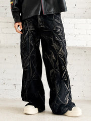 Denim Heavy Washed Distressed Pleated Baggy Jeans - 2282 