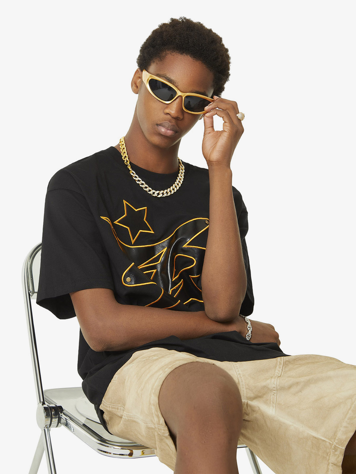 Thesupermade Leather Studded Creative Star Street Rap T-shirt 