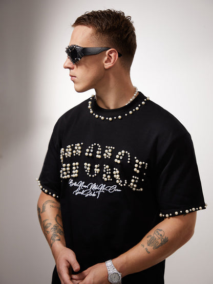 Elegant Pearl-Embellished Oversized T-Shirt 