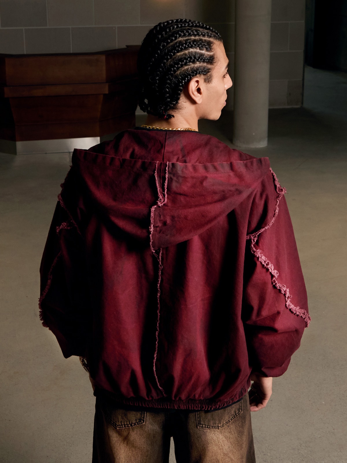 Thesupermade Washed Distressed Fur Hooded Jacket 