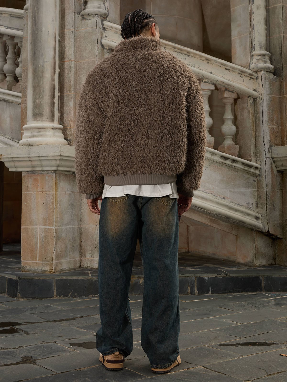 Thesupermade Metal leather button Faux Fur Jacket -2245 