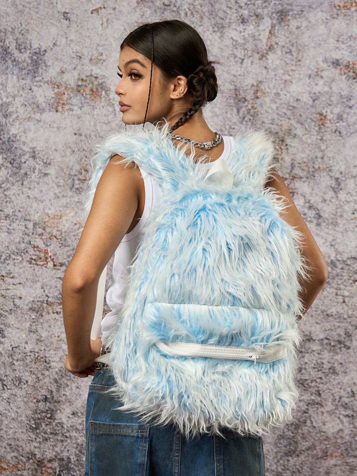 Snow Monster Contrast Ice Blue Furry Backpack 