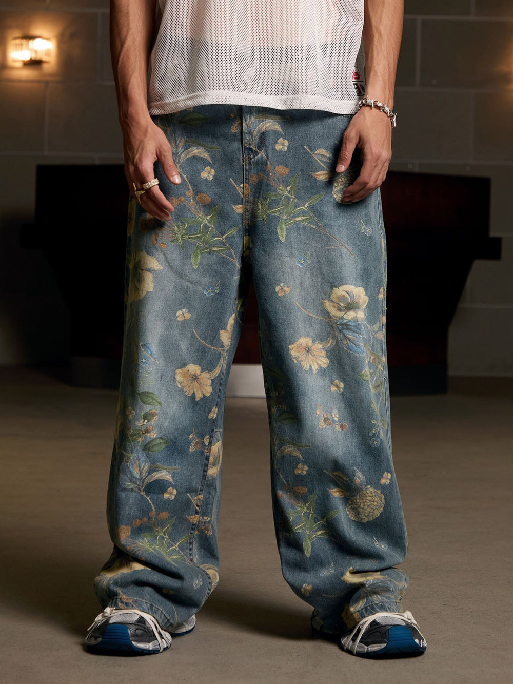 Denim Floral Print Carpenter Jeans - 2237 