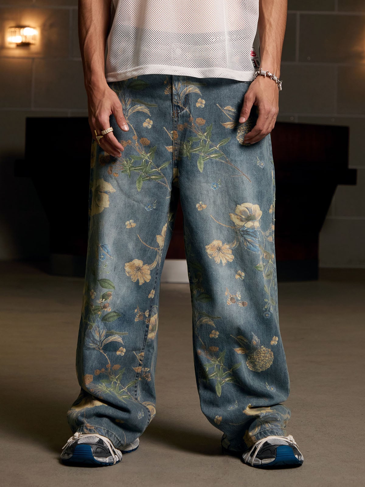 Denim Floral Print Carpenter Jeans - 2237 
