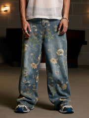 Denim Floral Print Carpenter Jeans - 2237 
