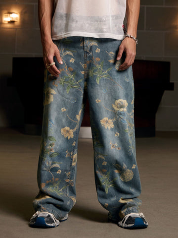 Denim Floral Print Carpenter Jeans - 2237 