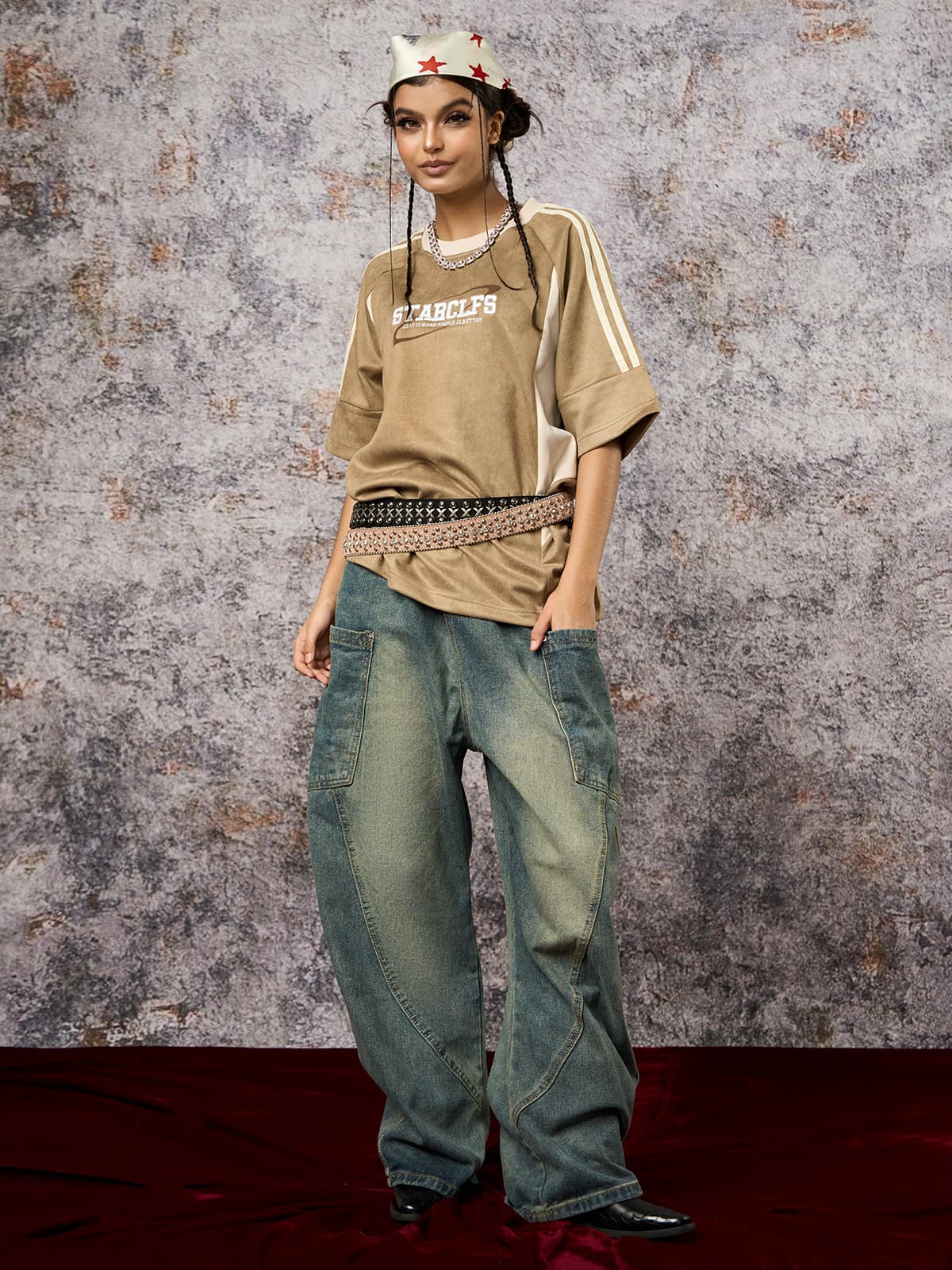 Suede Contrast Color Spliced Letter Embroidery Oversize T-shirt 