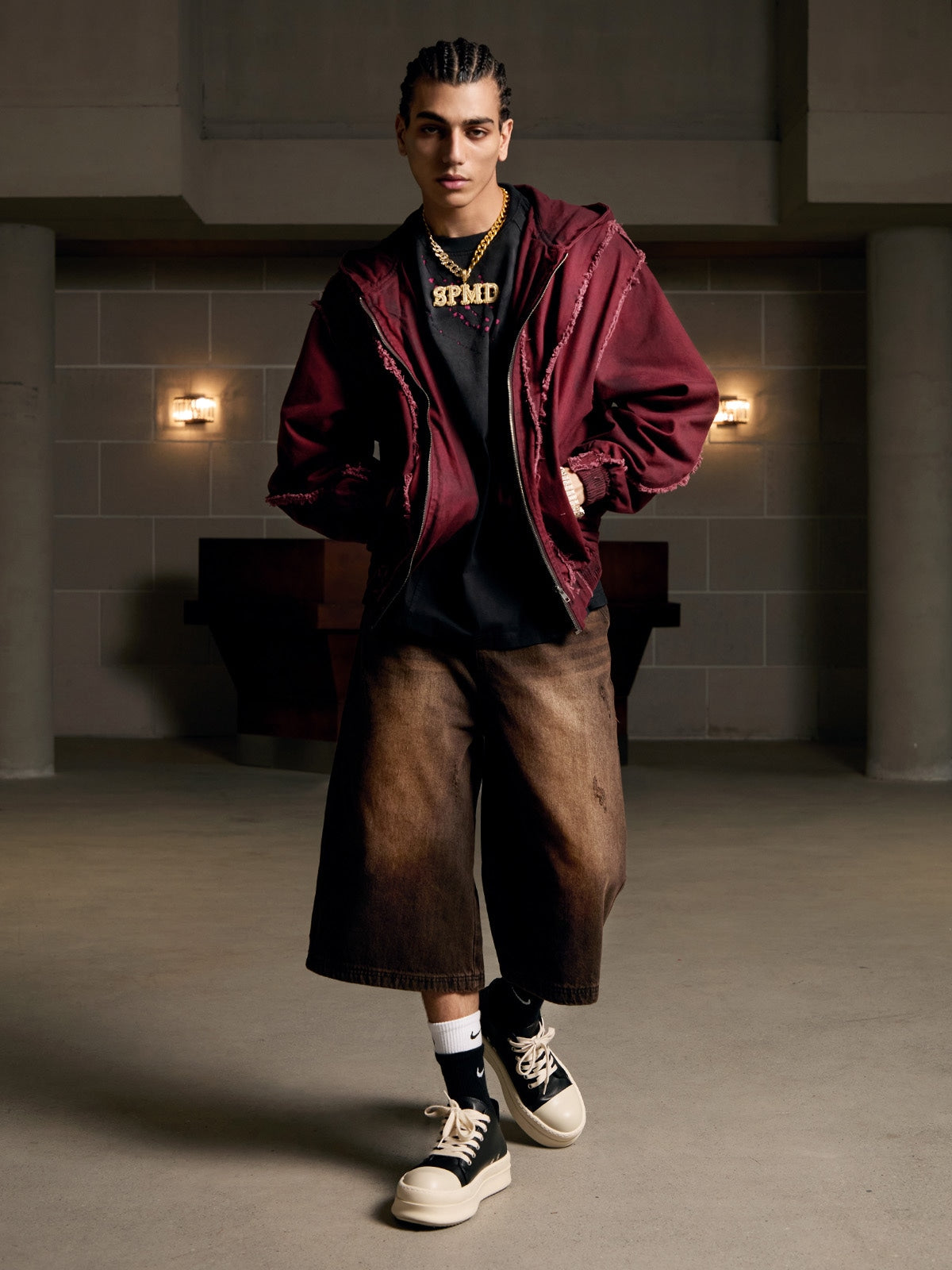 Thesupermade Washed Distressed Fur Hooded Jacket 