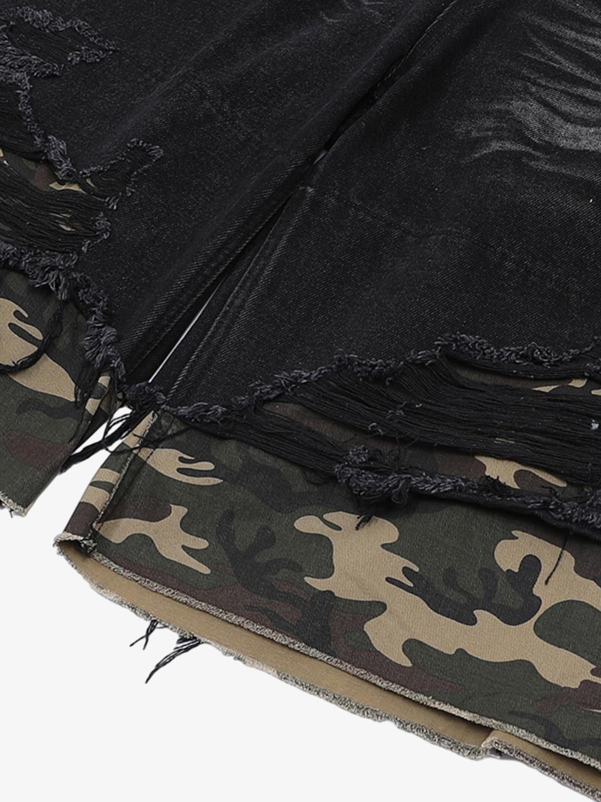 Thesupermade Patchwork Camouflage Ripped Shirt Jorts Denim Suit 