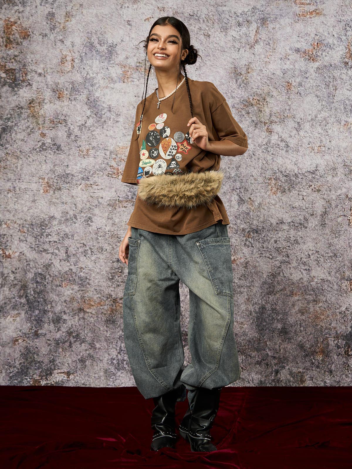 Washed Distressed Split Drawstring Barrel Jeans 