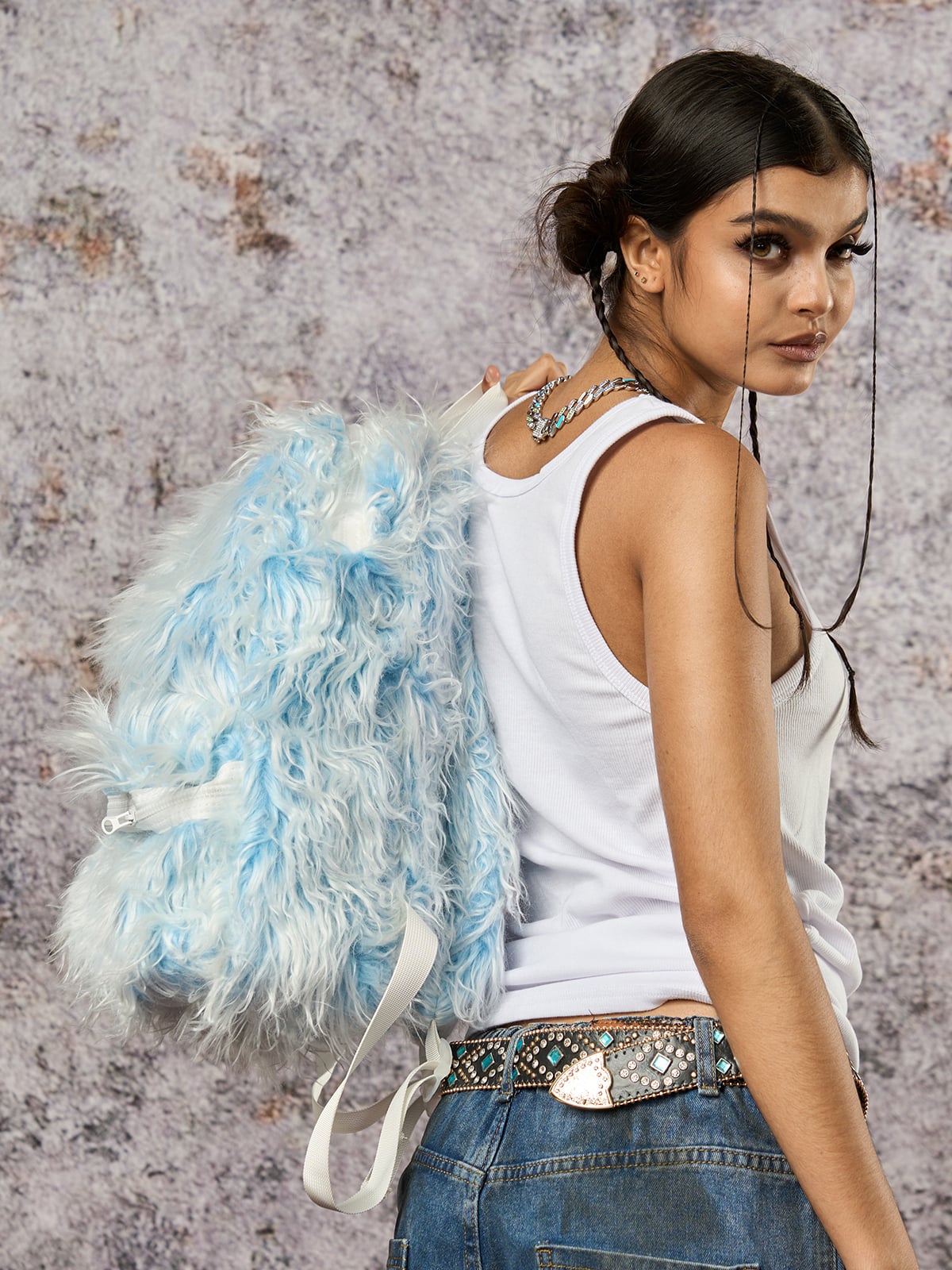 Snow Monster Contrast Ice Blue Furry Backpack 
