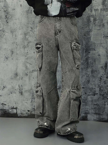 Thesupermade Washed Multi-pocket Cargo Jeans 