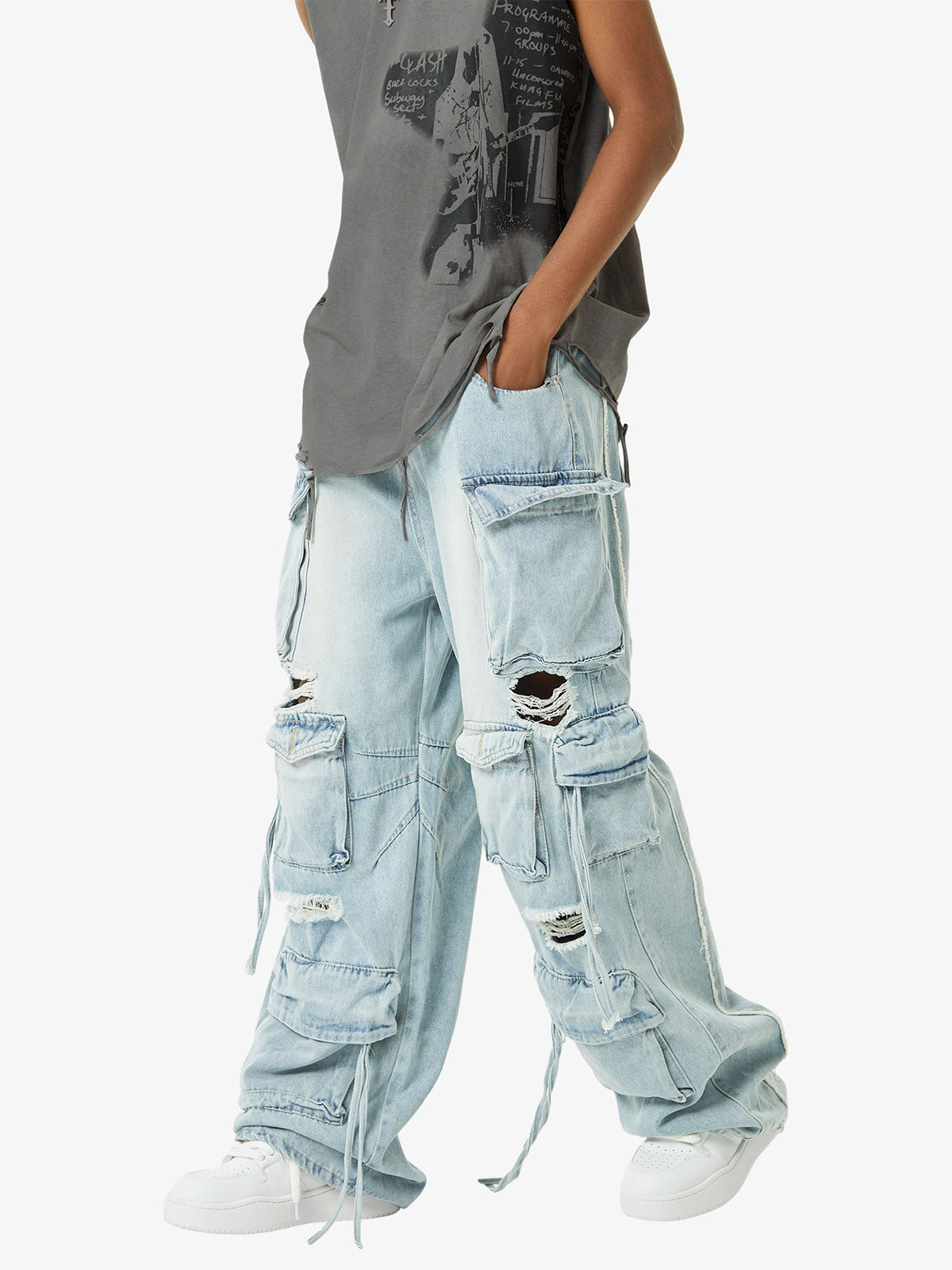 Thesupermade Washed Multi-pocket Work Cargo Jeans - 1830 