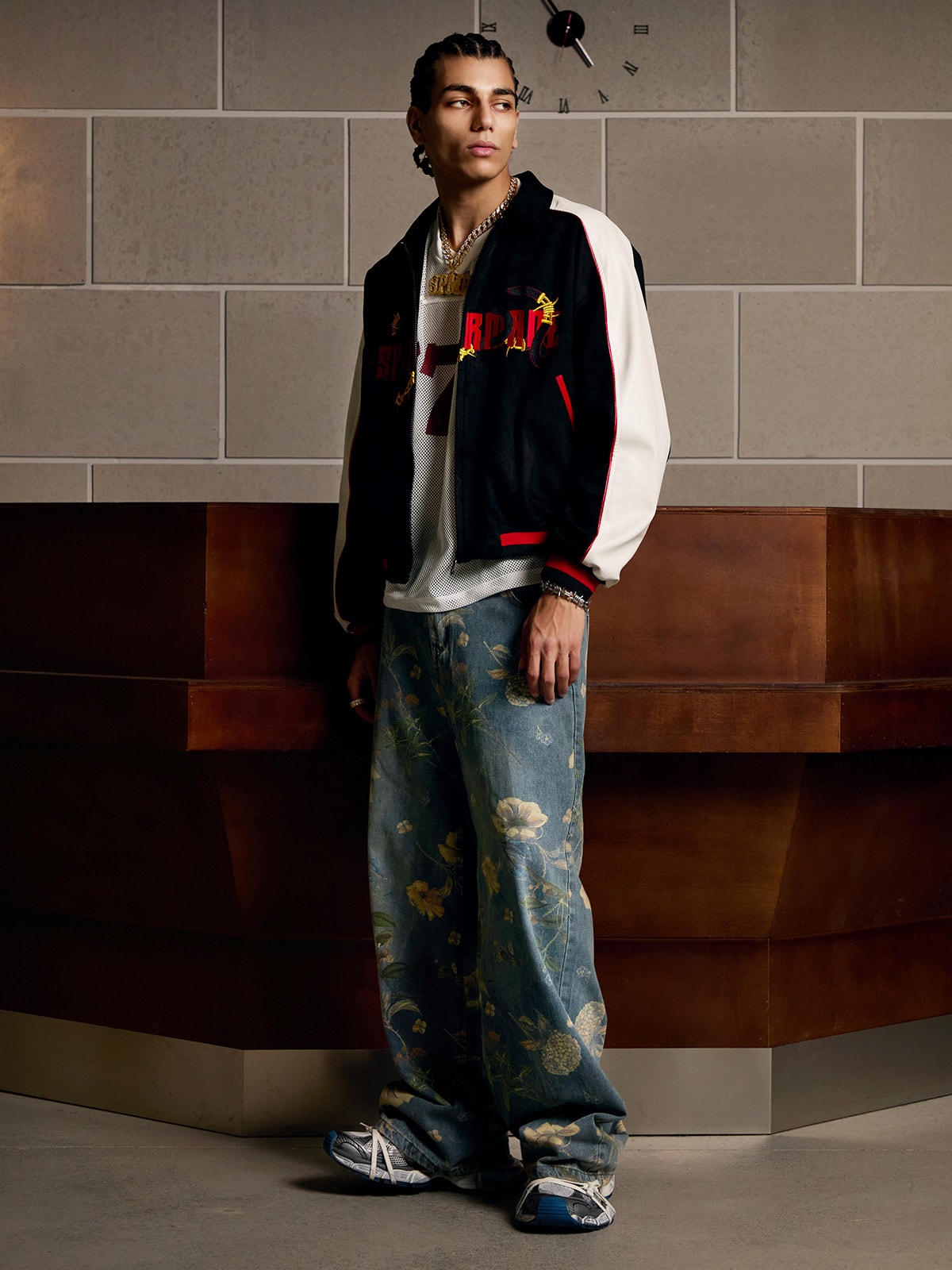 Denim Floral Print Carpenter Jeans - 2237 