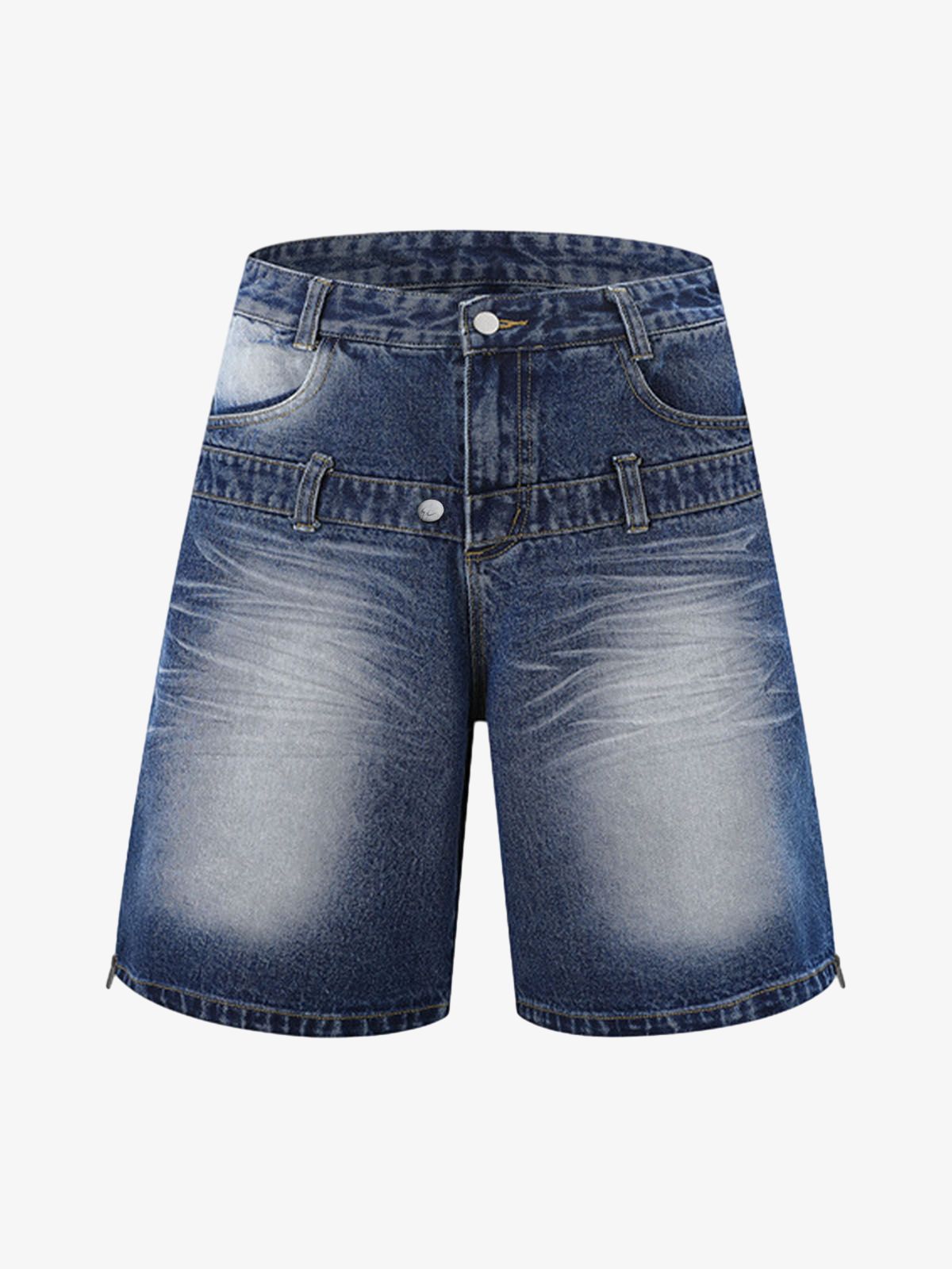 Distressed Washed Workwear Denim Shirt And Jorts Set 