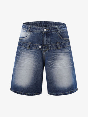 Distressed Washed Workwear Denim Shirt And Jorts Set 