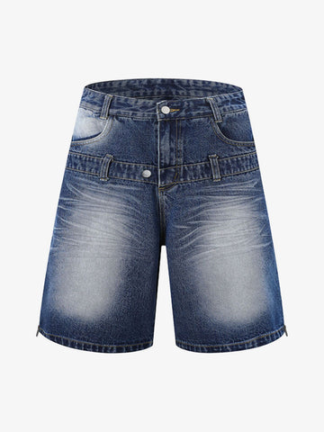 Distressed Washed Workwear Denim Shirt And Jorts Set 