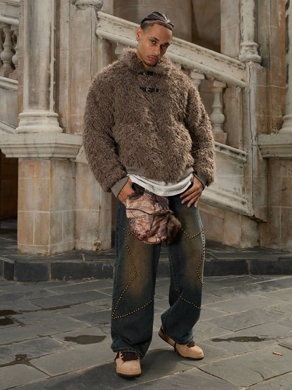 Thesupermade Metal leather button Faux Fur Jacket -2245 