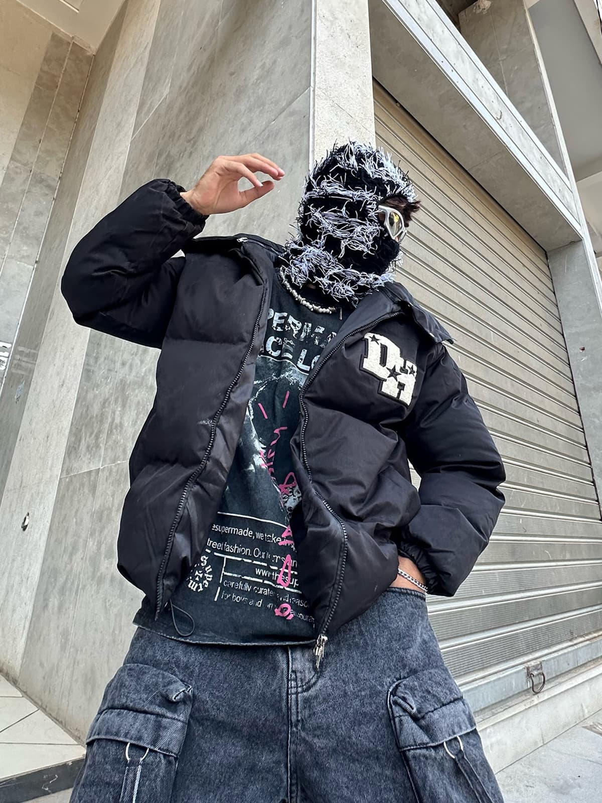 Retro Letter Print Down Jacket - 1393 