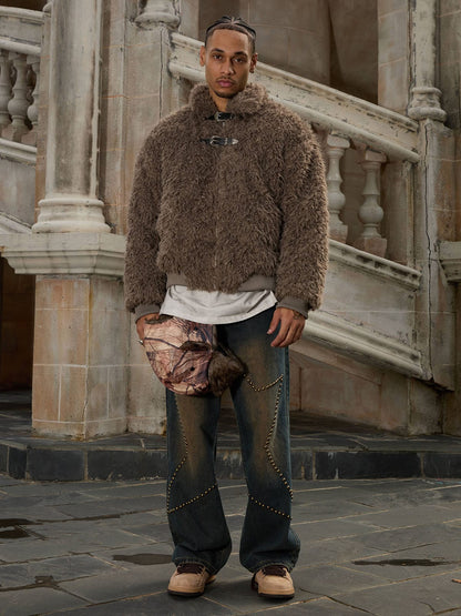 Thesupermade Metal leather button Faux Fur Jacket -2245 