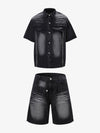 Distressed Washed Workwear Denim Shirt And Jorts Set 