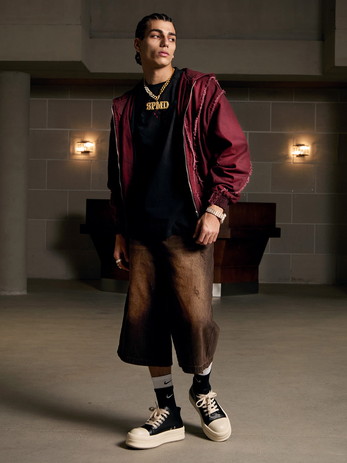 Thesupermade Washed Distressed Fur Hooded Jacket 