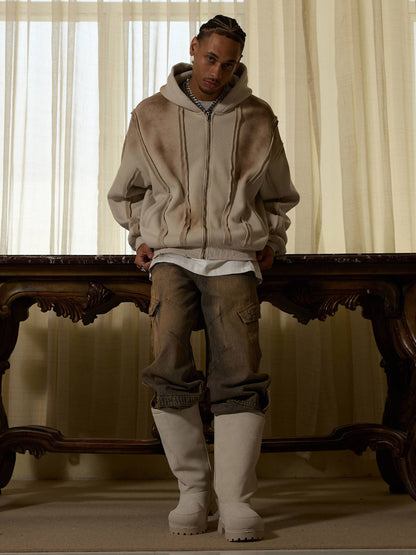 Thesupermade Distressed Patchwork Velvet Cardigan Hooded Sweatshirt 