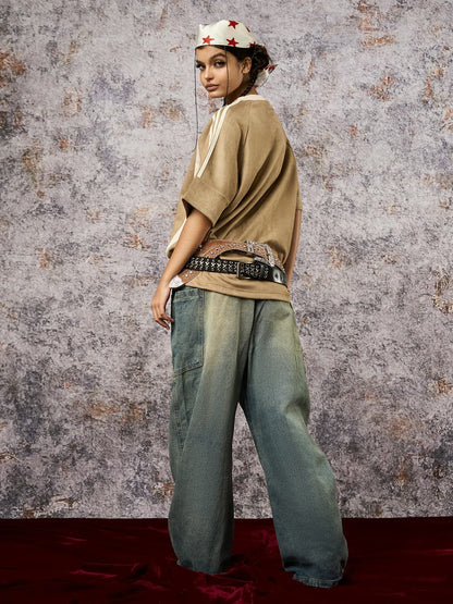 Suede Contrast Color Spliced Letter Embroidery Oversize T-shirt 
