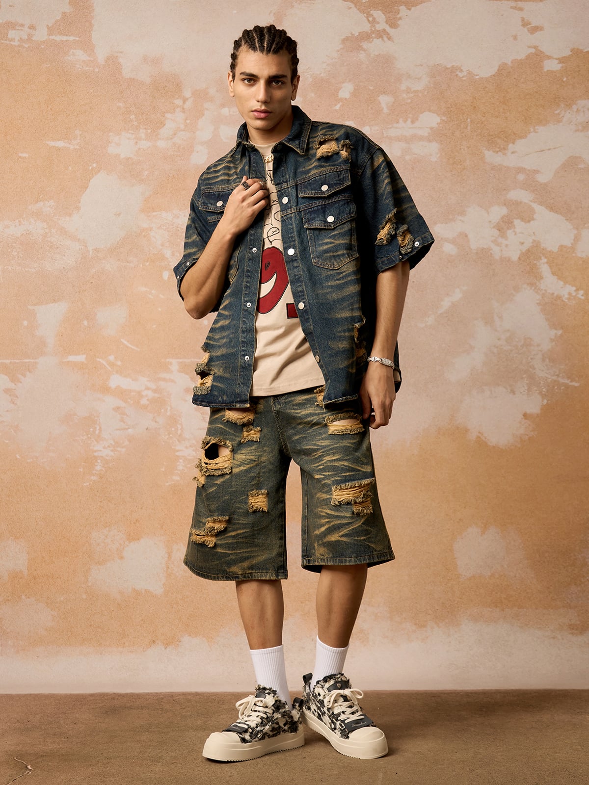 Distressed Washed Distressed Denim Set 