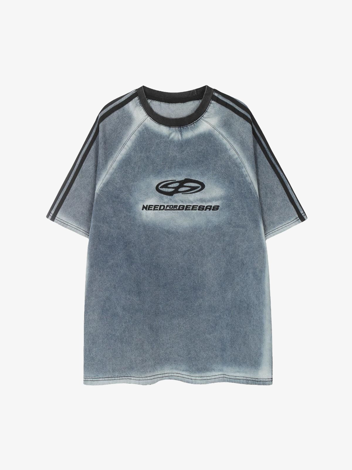 Retro Letter Embroidery Contrast Denim T-shirt 