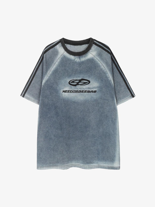 Retro Letter Embroidery Contrast Denim T-shirt 